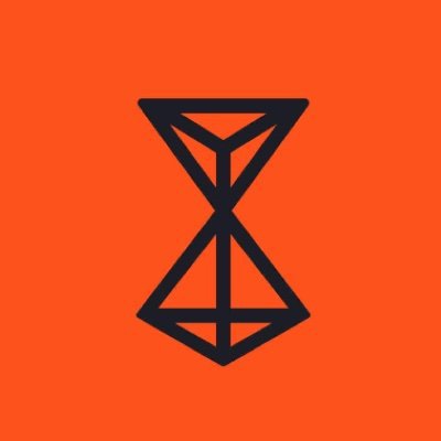 Minimalist geometric logo featuring a dark hourglass/double-triangle shape on a solid orange background.