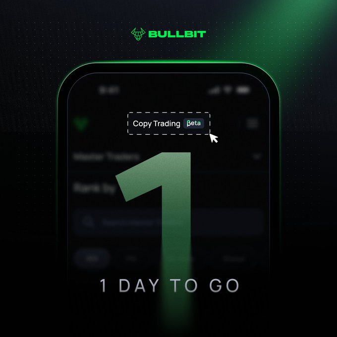 A countdown graphic for Bullbit shows "1 DAY TO GO" with a smartphone interface highlighting the upcoming "Copy Trading βeta" feature, teasing tomorrow's launch. The image aligns with the post by building anticipation for users to mirror expert traders' strategies effortlessly.