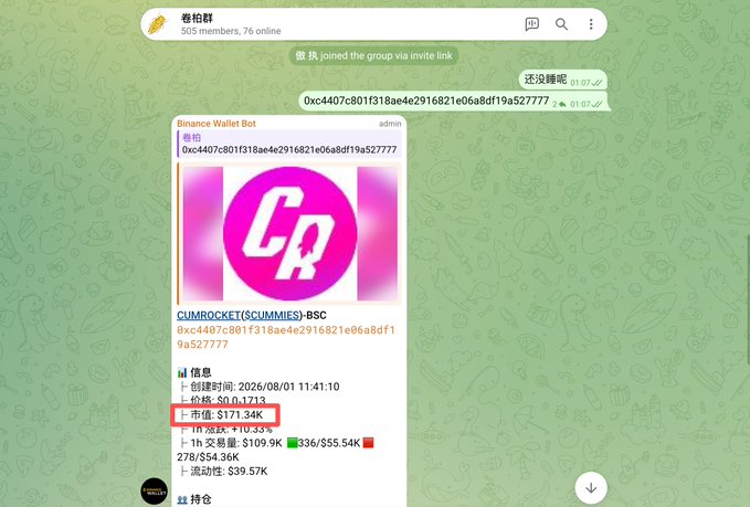 The image shows a Telegram chat screenshot from a group named "卷枪群" featuring a Binance Wallet Bot displaying token information for CUMROCKET ($CUMMIES) on BSC, with a token address matching the post (0xc4407c801f318ae4e2916821e06a8df19a527777), showing a price of $171.34K and growth metrics of +110.33% in 1h, supporting the post's claims about a rapidly pumping token.