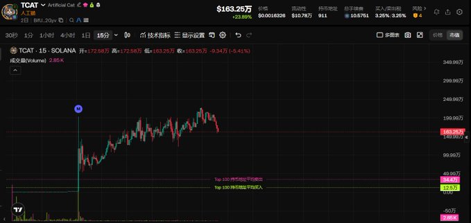 A candlestick trading chart for the cryptocurrency 'TCAT' on the SOLANA network, showing a price of $163.25万 with significant volatility and Chinese technical analysis indicators.