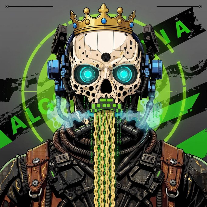 A cyberpunk-style illustration of a robotic skull wearing a golden crown with glowing cyan eyes, surrounded by green circular HUD elements and cables.