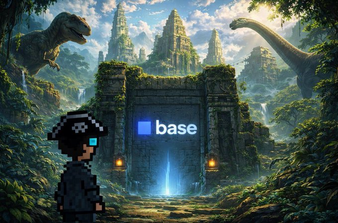 A pixel-art character with cyan eyes stands before an ancient jungle temple marked with a 'base' logo, while a T-Rex and a long-necked dinosaur loom in the lush prehistoric background.