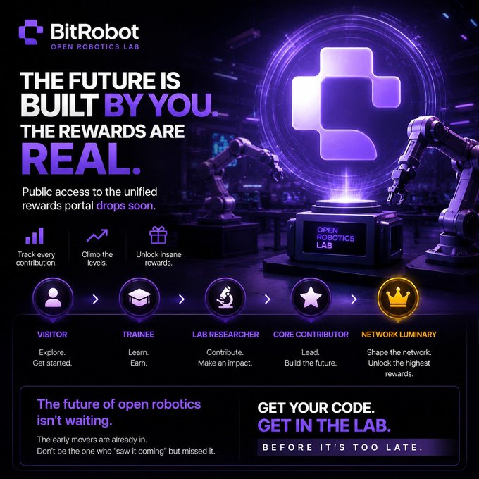 A promotional graphic for BitRobot's Open Robotics Lab announcing an upcoming rewards portal, featuring tier progression from Visitor to Network Luminary.