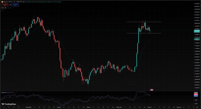 A TradingView candlestick chart for BTC.USD on Coinbase displaying price fluctuations over time with a volume indicator and RSI at the bottom, featuring horizontal support/resistance lines.