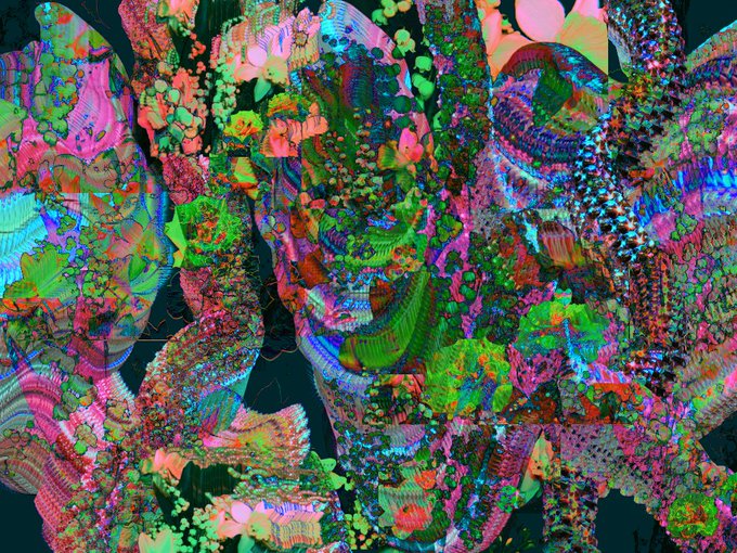 A vibrant, psychedelic digital artwork featuring swirling organic forms in neon pinks, greens, and blues, displaying the kind of intricate patterns and fractal-like botanical motifs characteristic of generative NFT art collections on platforms like Objkt.
