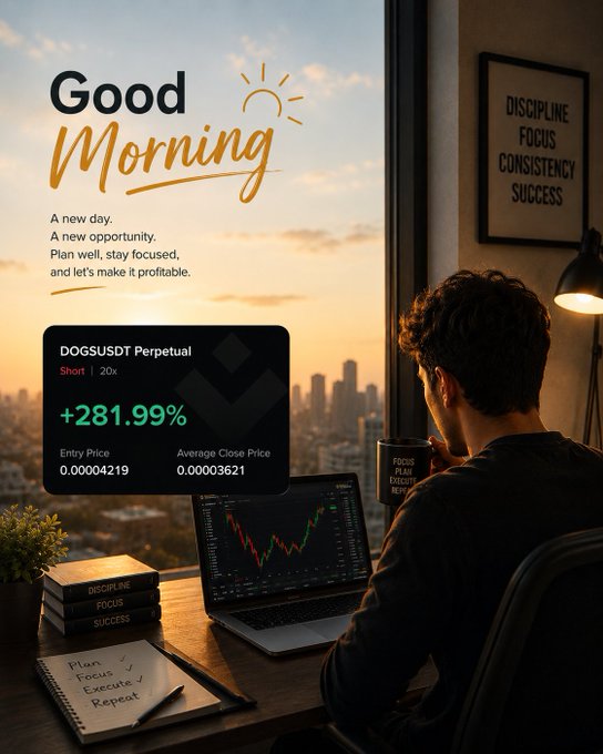 A trader sits at his desk overlooking a city skyline at sunrise, with a "Good Morning" graphic highlighting a +281.99% gain on his $DOGSUSDT perpetual short position. The motivational elements throughout the image—including a framed "Discipline, Focus, Consistency, Success" print and a notebook listing "Plan, Focus, Execute, Repeat"—reinforce the post's message about disciplined, emotionless trading paying off.