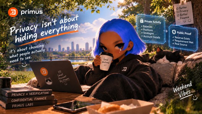 An anime-style character with blue hair relaxes with a cat while using a laptop, advertising "primus" with the tagline "Privacy isn't about hiding everything. it's about choosing what people actually need to see."