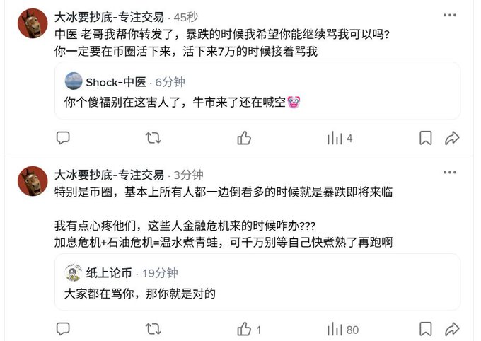 A Chinese social media thread showing bearish market commentators debating with bullish users. Key text includes users named "大冰要抄底-专注交易" expressing concern about a market crash, "Shock-中医" calling out those still crying out during a bull market, and "纸上论币" receiving 80 likes with the comment "Everyone is scolding you, so you must be right"—reflecting the post's message about being harshly criticized for predicting a black swan event.
