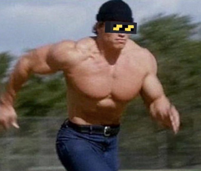 A muscular shirtless man wearing jeans and a dark cap, running outdoors with pixelated sunglasses covering his eyes (a meme edit).