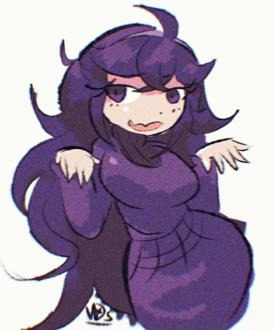 A digital illustration in an anime-inspired style depicts a purple-haired girl with freckles, a shy smile, and a dark purple dress, with a small signature "WS" visible at the bottom. The artwork appears to be an original character (OC) drawing, likely representing the creator's "hex" (a character or persona) as referenced in the post.