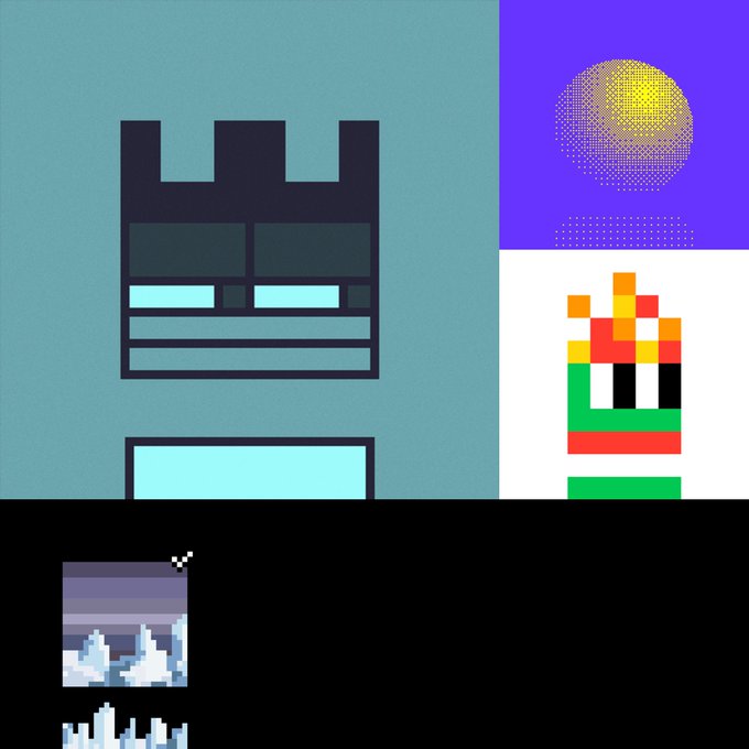A pixel art composition featuring a castle silhouette against a teal sky, a sun on a purple background, a Mario character on white, and a small landscape below.