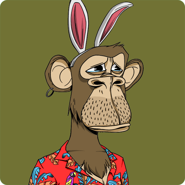 A cartoon monkey with long rabbit ears, a weary expression, an earring, and a colorful red tropical-print shirt appears against an olive-green background.