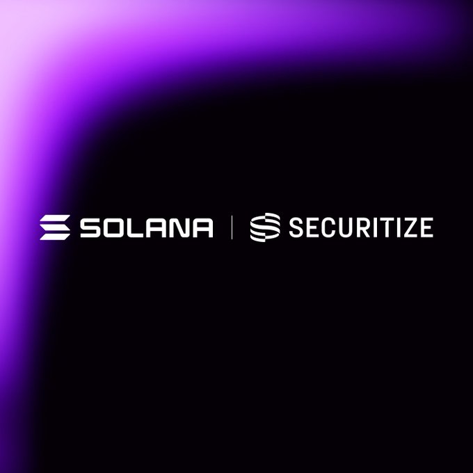 A dark purple and black graphic displaying the logos for 'SOLANA' and 'SECURITIZE' side by side, indicating a partnership announcement.