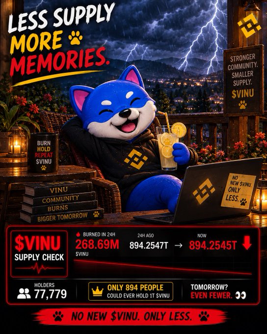 A cryptocurrency promotional graphic for $VINU featuring a blue Shiba Inu dog mascot holding a drink. Key text includes 'LESS SUPPLY MORE MEMORIES,' 'STRONGER COMMUNITY. SMALLER SUPPLY. $VINU,' and a 'SUPPLY CHECK' showing 'BURNED IN 24H 268.69M,' '894.2547T → 894.2545T,' and 'HOLDERS 77,779.'
