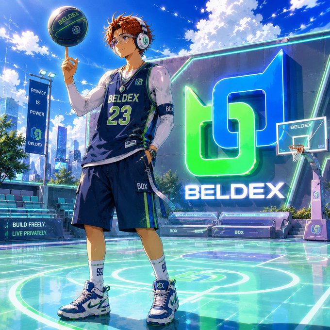 An anime-style character wearing a "BELDEX 23" jersey spins a basketball on a futuristic court emblazoned with the glowing green Beldex logo, alongside signage reading "PRIVACY IS POWER" and "BUILD FREELY. LIVE PRIVATELY." The image visually reflects BeldexCoin's focus on privacy-first infrastructure, tying into the post's message about how the project's $8M budget is being deployed toward a unified composable layer, encrypted agent identities, and developer tooling.