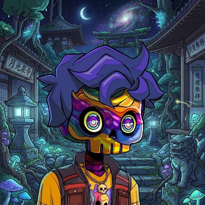 A colorful digital illustration of a stylized skeleton character with purple hair and glowing yellow eyes, wearing a yellow shirt with a skull necklace, set against a mystical Japanese shrine background at night with Japanese text visible.