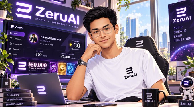A digital illustration of a young man with glasses wearing a white ZeruAI t-shirt, sitting at a desk with a laptop, surrounded by ZeruAI branding and cryptocurrency stats.