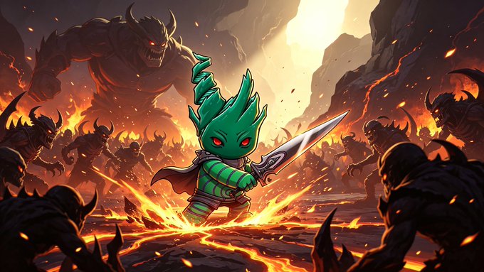 A fantasy illustration of a small green dragon-like creature wielding a sword and shield, standing defiantly against a horde of dark demons in a fiery, hellish landscape.