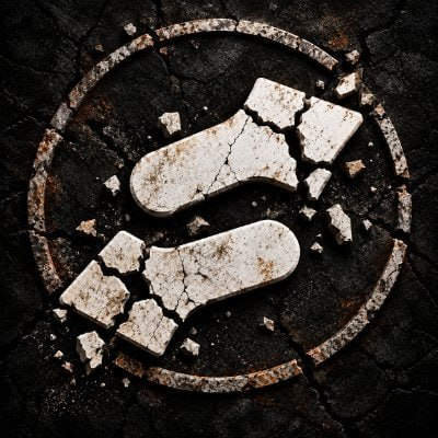 A weathered white footprint symbol is cracked and broken inside a circular, rusted outline on a dark, damaged surface.