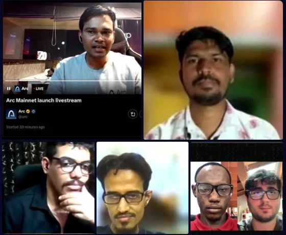 Screenshot of a live stream or video call grid featuring multiple men, with the top-left panel showing an 'Arc Mainnet launch livestream' by 'Arc' that started 33 minutes ago.