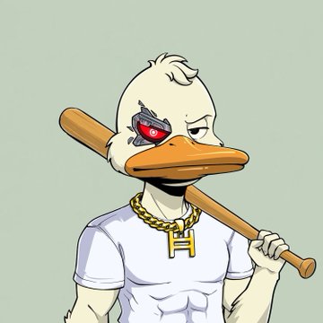 A cartoon illustration of an anthropomorphic duck with a robotic red eye, wearing a white t-shirt, a gold chain with an 'H' pendant, and holding a wooden baseball bat over its shoulder against a light green background.