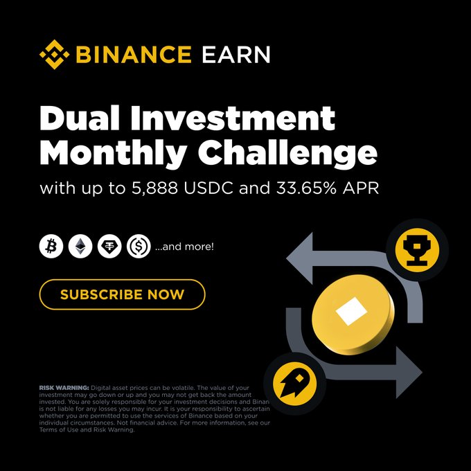 A Binance Earn promotional graphic advertising the "Dual Investment Monthly Challenge" with rewards of up to 5,888 USDC and 33.65% APR, supporting the post announcing the August Monthly Leaderboard for Dual Investment traders.