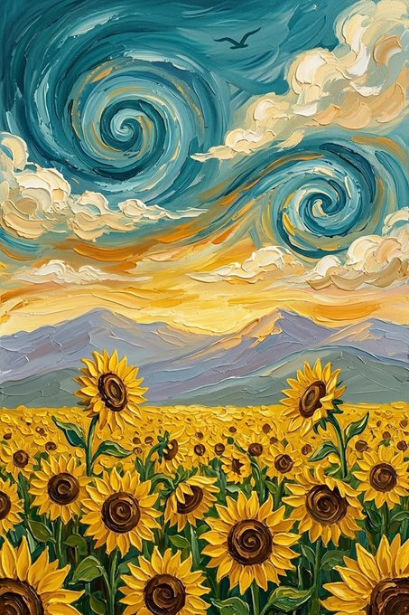 A Van Gogh-style oil painting depicting a vibrant sunflower field beneath a swirling teal sky with a yellow horizon and a single bird in flight.