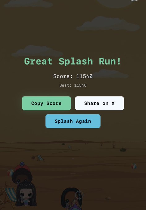 A mobile game screen titled 'Great Splash Run!' displaying a score of 11540 (also the best), with options to copy the score, share on X, or play again, set against a beach background with cartoon characters.