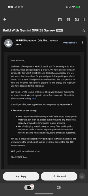 A screenshot of an email titled "Build With Gemini XPRIZE Survey" from XPRIZE Foundation, addressed to user "Pienadley," thanking them for entering the Build with Gemini XPRIZE competition and requesting survey feedback. The caption "wish me luck too :)" reflects the user's hopeful sentiment about advancing to the Top 100 announcement mentioned at the bottom of the email.