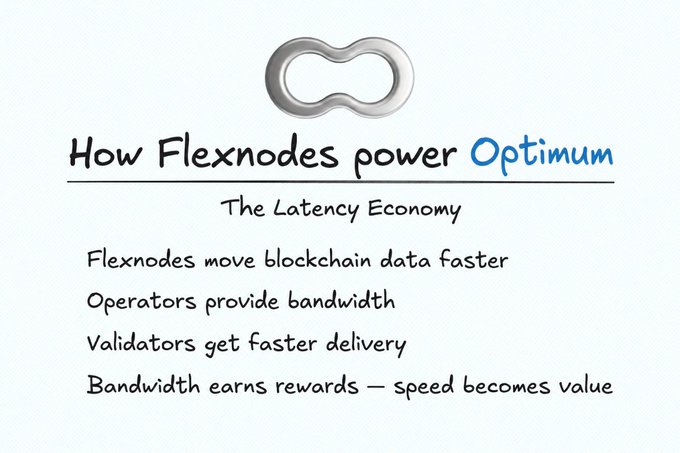 Hand-drawn-style diagram titled 'How Flexnodes power Optimus: The Latency Economy,' listing bullet points that Flexnodes move blockchain data faster, operators provide bandwidth, validators get faster delivery, and bandwidth earns rewards—speed becomes value.