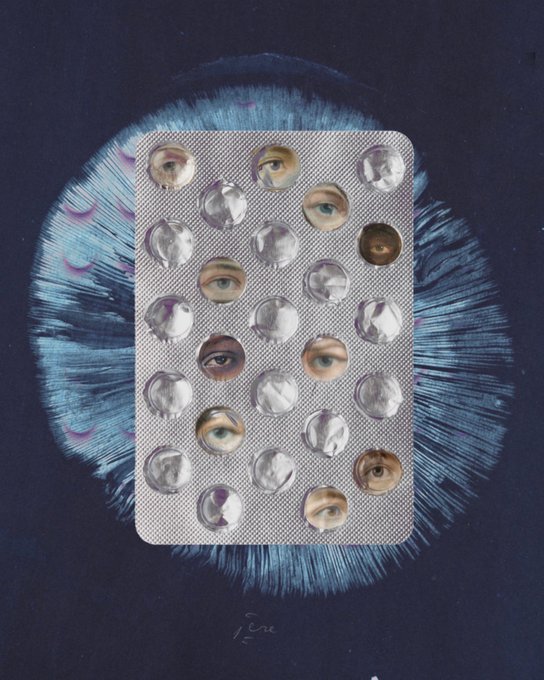 A blister pack of human eyes set against a deep blue, radiating brushstroke background evokes themes of identity and surveillance, fitting the post's title "Identity" as a 1/1 NFT release on Objkt. The artwork, signed "Ere" at the bottom, surrealistically suggests individuality, perception, or pharmaceutical mediation of self.