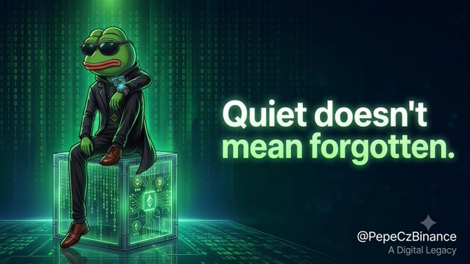 A digital illustration features a cartoon Pepe frog in a suit and sunglasses sitting on a glowing green cube, with the text 'Quiet doesn't mean forgotten.' and '@PepeCzBinance - A Digital Legacy'.