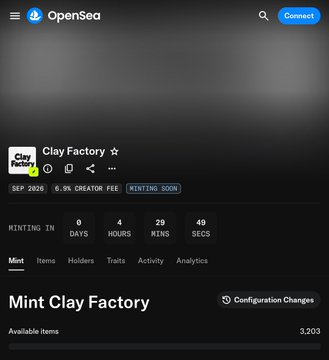 A screenshot of an OpenSea NFT minting page for a collection called 'Clay Factory,' showing a countdown timer of 0 days, 4 hours, 20 minutes, 40 seconds with a 'MINTING SOON' status.