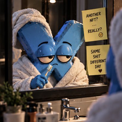 A digital artwork of a blue, blocky character wearing a bathrobe and towel, brushing its teeth in a mirror with sticky notes reading "ANOTHER NFT? ... REALLY? 😒" and "SAME SHIT DIFFERENT DAY ♥".