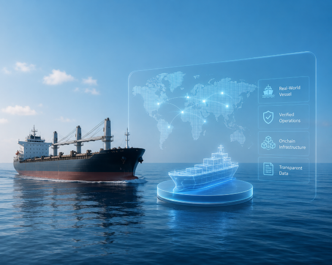 A cargo ship sails beside a holographic interface displaying a world map, a digital ship model, and key features: "Real-World Vessel," "Verified Operations," "Onchain Infrastructure," and "Transparent Data." The image visually captures the post's theme of Ethra Ship's Sea Verity—transforming real-world maritime activity into verifiable, traceable onchain data.
