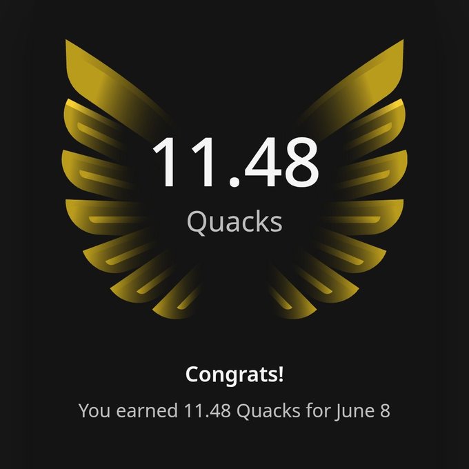 The image features a gold-colored logo with the text "11 Quacks" written below it. The background of the image is black, which makes the gold logo stand out prominently. The text "Congratulations! You earned 11 Quacks for June 8" is also present in the image. This post seems to be about rewarding people for their actions or accomplishments, as indicated by the use of a gold-colored logo and the phrase "11 Quacks".