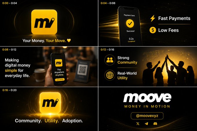 The image features a collection of four different ads for the Moove app, each showcasing various aspects of the platform's functionality and user experience. The first ad displays a person holding up their phone with the Moove logo displayed prominently. The second ad shows a group of people gathered around a table, with the Moove logo visible on their phones as well. The third ad features a person taking a selfie using the Moove app, while the fourth ad showcases a person making a payment through the app. These ads aim to highlight the convenience and benefits of using the Moove app for fast payments and real-world utility.