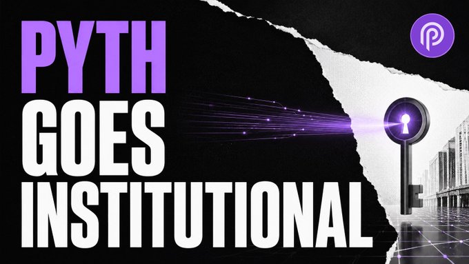 A bold graphic with text 'PYTH GOES INSTITUTIONAL' next to an image of a key, set against a torn paper background showing digital lines and a cityscape.