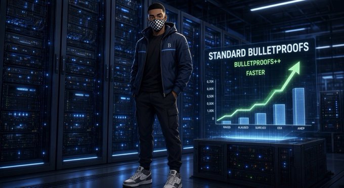 A digitally rendered young man wearing a blue jacket with a 'B' logo and a face covering stands in a server room with text reading 'STANDARD BULLETPROOFS', 'BULLETPROOFS++', 'FASTER' alongside an ascending green chart.