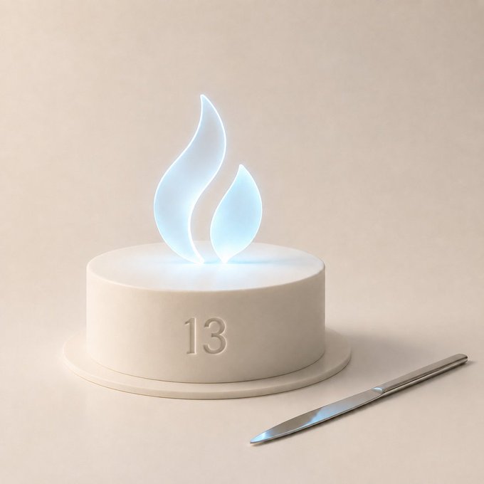 A minimalist cream-colored cake with the number "13" embossed on it is topped with two glowing blue flame-shaped candles, accompanied by a sleek silver knife. The image visually celebrates a 13-year anniversary milestone, aligning with the caption's theme of commemorating Huobi's resilient 13-year journey with symbolic fire-shaped candles and a cake-cutting invitation.