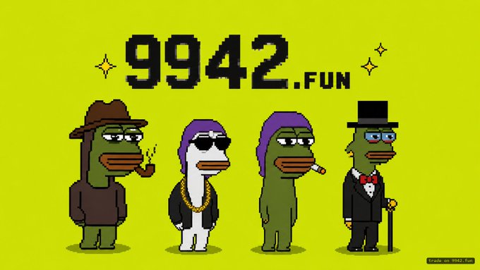 A digital illustration of four cartoon Pepe-style characters in different outfits (detective, hip-hop with gold chain, smoking a cigar, and gentleman in a suit) on a bright yellow-green background with the pixelated text '9942.fun' and sparkles.