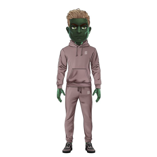 A stylized cartoon figure with green skin and blonde hair stands wearing a matching dusty rose hoodie and joggers set, paired with sneakers. The image ties to the OthersideMeta post by representing the arrival of new "People" characters to the OthersideMeta metaverse, kickstarting the week with fresh character reveals.