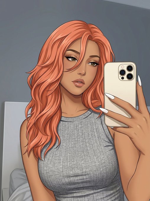 A stylized digital illustration of a young woman with long, wavy orange hair taking a mirror selfie with a gold iPhone, wearing a gray ribbed sleeveless top.