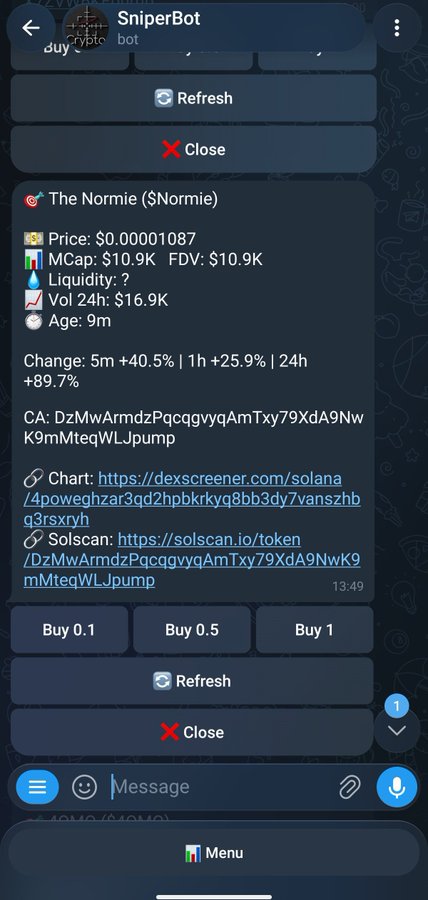 A Telegram bot called 'SniperBot' displays details for a Solana memecoin called 'The Normie ($Normie)' with a price of $0.00001087, market cap of $10.9K, and showing +89.7% change in 24h.