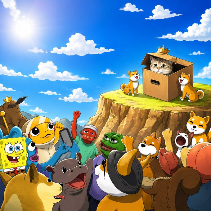 A colorful cartoon illustration depicting a crowd of pop culture characters, animals, and 'Shiba Inu' doge memes cheering toward a fluffy cat wearing a crown sitting inside a cardboard box on a cliff.