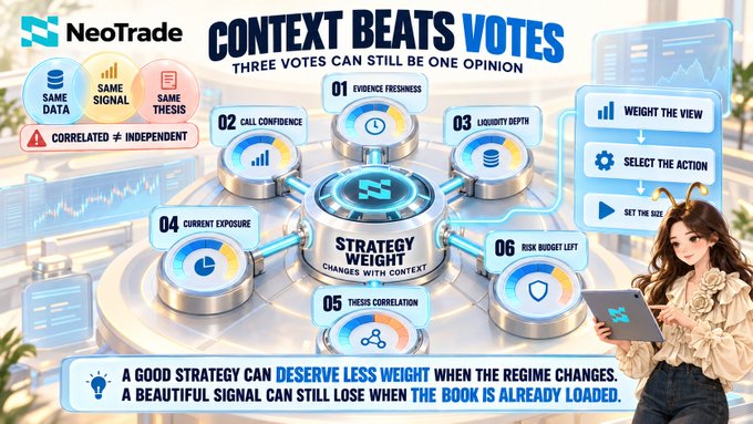 A NeoTrade infographic titled 'CONTEXT BEATS VOTES — THREE VOTES CAN STILL BE ONE OPINION,' showing a six-point strategy weighting system and the tagline about strategy deserving less weight when the regime changes.