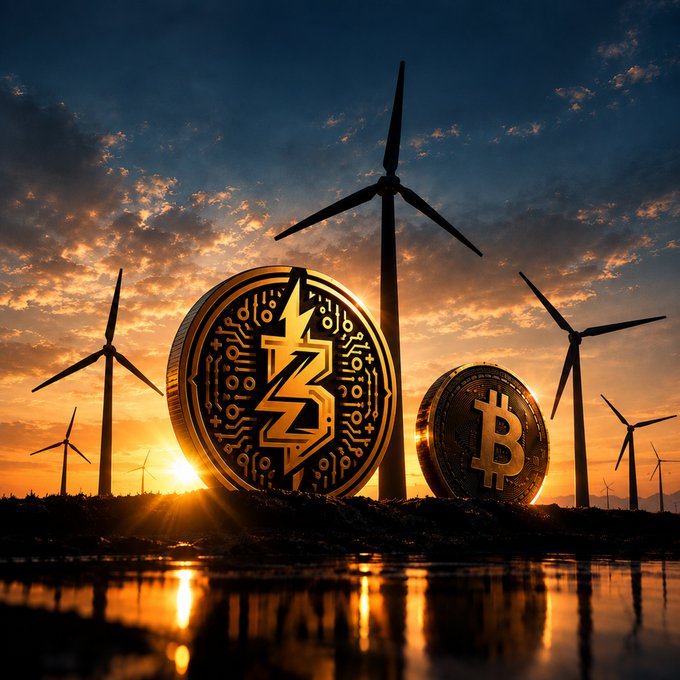 An artistic rendering shows large golden Bitcoin and Litecoin coins standing among wind turbines at sunset, with their reflections visible on the water below.