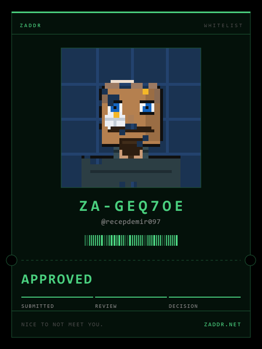 A digital ID card labeled 'ZADOR WHITELIST' displays a pixel-art portrait of a bearded man with a headset, the code 'ZA-GEQ70E', the handle '@recepdemir097', and the word 'APPROVED' over a green and black design.