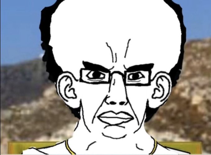 A cartoon-style illustration depicts a stern-faced, bald character with rectangular glasses and a serious expression against a desert landscape background. The image's intense, disapproving look seems to humorously convey skepticism toward the request for an "official pounder" or trusted source, suggesting doubt about any credentialed entity providing reliable information.