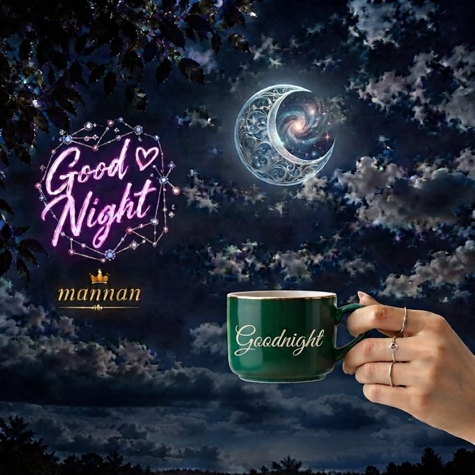 A nighttime scene featuring a 'Good Night' constellation graphic with a moon, a hand holding a green 'Goodnight' mug, and the 'mannan' brand logo with a crown.